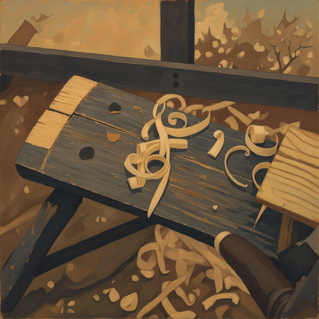 A workbench covered in fresh wood shavings